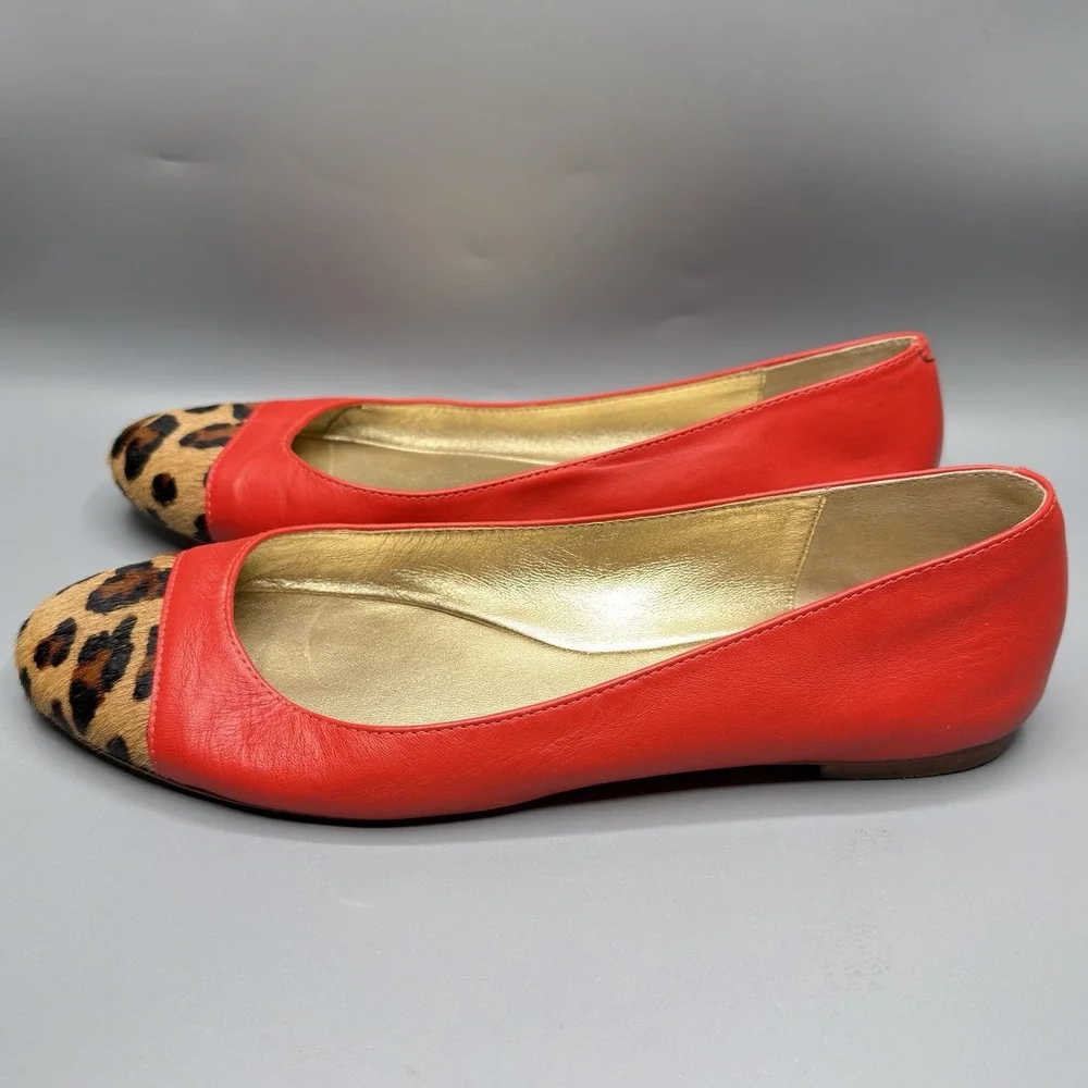 Kate Spade New York Coral Red Leather Cheetah Calf Hair Cap Toe Flats Womens 8.5